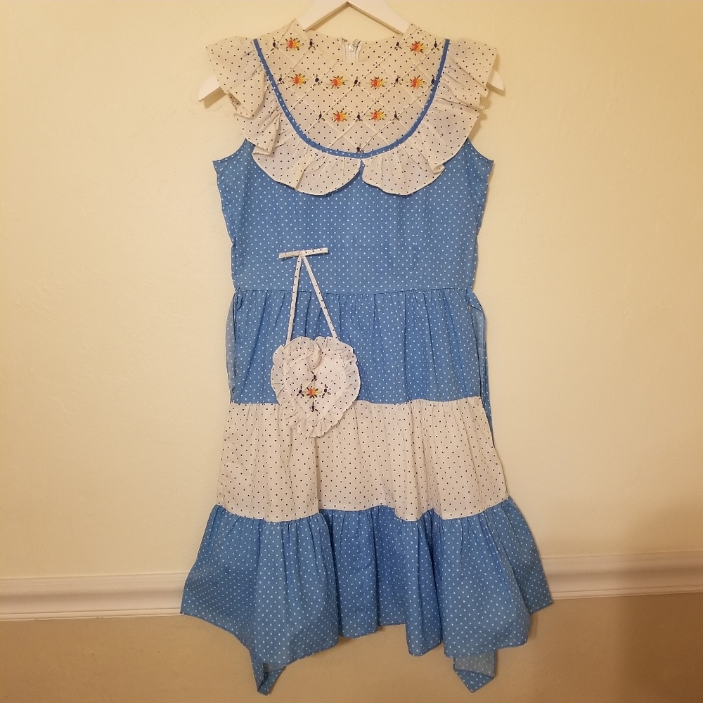 Vintage Russian Schoolgirl Polka Dot Dress Smocked Embroidered Blue White 👗